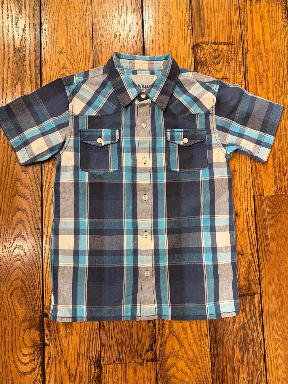 Peek Navy, Aqua Blue & White Plaid Short-Sleeve Button-Down Shirt Boys Size 12